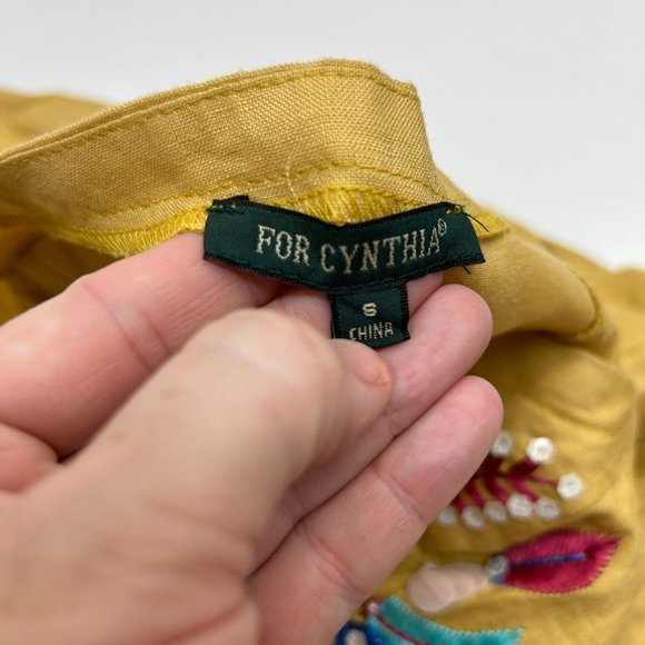 For Cynthia Linen Beaded Sequins Floral Sun Dress S Mustard Yellow Embroidered - Picture 6 of 7